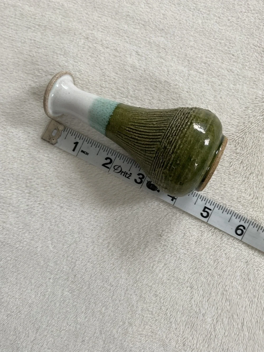 Signed Studio Pottery Bud Vase Green Drip Glaze Textured Art Pottery 4.5”
